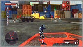 Po wstępnym zabezpieczeniu okolicy stań wewnątrz czerwonego pola #1 i wciśnij przycisk BACK celem wezwania wsparcia - Pozycje strategiczne (1) | Zadania drugorzędne | Crackdown 2 - Crackdown 2 - poradnik do gry