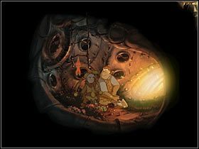 Niestety pechowo stworzonka spadną przez luk poziom niżej, gdzie dokłada do pieca Bando - Rozdział drugi - Przebudzenie Kalidy (4) - The Whispered World - poradnik do gry