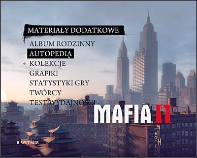 Zdecydowanie polecam zajrzeć do Autopedii, dostępnej z poziomu Materiałów dodatkowych menu głównego gry (powyższy screen) - [Samochody] cz.2 | Pozostałe osiągnięcia w Mafia II - Mafia II - poradnik do gry