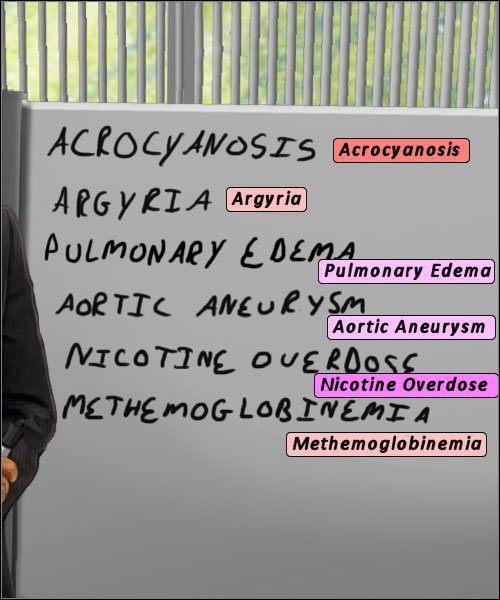 Tablica prezentuje kolejne propozycje chorób, wraz z ich odpowiednikami w burzy mózgów. - Opis przejścia (1) | Blue Meanie | House M.D. - House M.D. - poradnik do gry