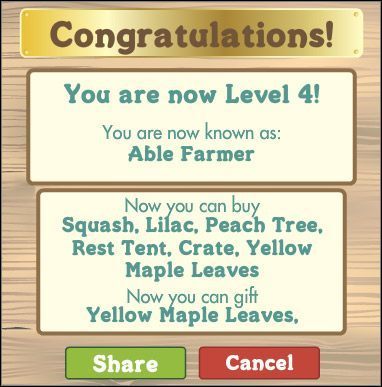 Ekran gratulacyjny po osiągnięciu 4 poziomu - Doświadczenie | Zarządzamy farmą FarmVille - FarmVille - poradnik do gry
