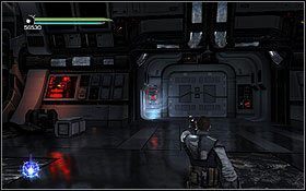 Po pokonaniu przeciwników obok płonących drzwi wstawiony w slot jest bezpiecznik - Zbawienie - Na pokładzie Zbawienia (1) | Opis przejścia - Star Wars: The Force Unleashed II - poradnik do gry