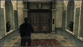 Przebiegnij przez pokój i przejdź przez drewniane drzwi [1] , a potem przez kolejne [2] - Prologue - Changes of Planes (2) | Opis przejścia gry 007 Blood Stone - 007: Blood Stone - poradnik do gry