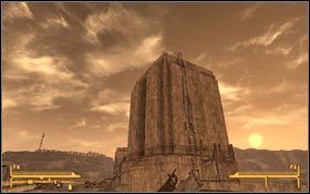 Zapytaj o przylot prezydenta - kiedy ten się zjawi poszukaj ustronnego miejsca, skąd będziesz mógł bezpiecznie oddać strzał z karabinu snajperskiego #1 - Kiler z Arizony | Prezydent Kimball | Solucja Fallout New Vegas - Fallout: New Vegas - poradnik do gry