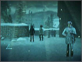 Wychodzimy na główną ulicę i schodzimy kilka kroków na dół, poczym odbijamy w lewo i chowamy się za budynkami - Misja 13- Dolina Godryka | Opis przejścia Harry Potter i Insygnia Śmierci - Harry Potter i Insygnia Śmierci - część 1 - poradnik do gry