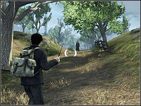 Przechadzkę po lesie odbywamy pod osłoną peleryny niewidki, w ten sposób omijając pająki - Misja 18- Ksenofilius Lovegood (2) | Opis przejścia - Harry Potter i Insygnia Śmierci - część 1 - poradnik do gry