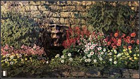 Sprawdź kwietnik w dole ekranu, a następnie kwiaty pod płaskorzeźbą przedstawiającą straszną mordę (2 pkt - Rozdział pierwszy (2) | Opis przejścia Gray Matter - Gray Matter - poradnik do gry