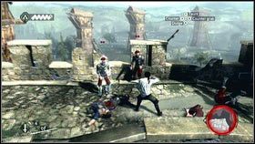 Zeskocz po drugiej stronie [1], a następnie zabij przeciwników przy pomocy kontrataków [2] - Sekwencja 1 - Peace at Last (2) | Opis przejścia | Assassins Creed Brotherhood - Assassins Creed: Brotherhood - poradnik do gry