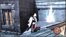 Gdy zginie, skręć w lewo [1], a następnie zeskocz na dół we wskazane na mapie miejsce [2] - Sekwencja 4 - Den of Thieves (1) | Opis przejścia AC Brotherhood - Assassins Creed: Brotherhood - poradnik do gry
