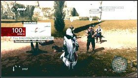 Gdy dotrzesz we wskazane miejsce, zlokalizuj cel przy pomocy Eagle Vision [1], a następnie zaatakuj - Sekwencja 4 - Den of Thieves (4) | Opis przejścia AC Brotherhood - Assassins Creed: Brotherhood - poradnik do gry