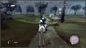 Gdy twierdza będzie bezpieczna, obejrzyj cut-scenkę [1], a następnie wskocz na konia i udaj się w pogoń za Bartolomeo [2] - Sekwencja 6 - The Baron De Valois (1) | Opis przejścia AC Brotherhood - Assassins Creed: Brotherhood - poradnik do gry