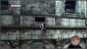 Po dotarciu do zaznaczonego na mapie miejsca, wejdź na wyższy poziom, korzystając z filarów [1], drewnianych rusztowań oraz dziur w ścianach [2] - Sekwencja 7 - The Key to the Castello (2) | Opis przejścia AC Brotherhood - Assassins Creed: Brotherhood - poradnik do gry