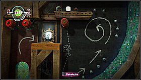 Na górze jeden gracz musi złapać się rolki i opuścić na pełną długość liny - Kotwiczkowy szał | Kryjówka Da Vinci | LittleBigPlanet 2 - LittleBigPlanet 2 - poradnik do gry