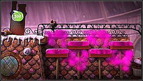 Na półpiętrze z piecem zgarniamy dwie bańki leżące po prawej - Sprytne ciastka | Laboratorium Wiktorii | LittleBigPlanet 2 - LittleBigPlanet 2 - poradnik do gry