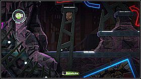 Teraz przebiegamy pod znakiem New Life w prawo - aż do małego wejścia oznaczonego na czerwono (kolejna skrytka z przedmiotem) - Zaostrzony rygor | Fabryka lepszego jutra | LittleBigPlanet 2 - LittleBigPlanet 2 - poradnik do gry