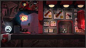 Na górze omijamy dwa miotacze płomieni - Bum za zeta (1) | Fabryka lepszego jutra | LittleBigPlanet 2 - LittleBigPlanet 2 - poradnik do gry