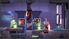 Żeby naprawić podłogę udajemy się w górę (uważając na elektryczność) i zrzucamy stamtąd dwie platformy - Skazani na Sackboty | Avalonia | LittleBigPlanet 2 - LittleBigPlanet 2 - poradnik do gry