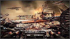 Po wyczyszczeniu powyższego fragmentu zwróć się na lewą stronę pojazdu - trafisz na dwa działa, dwa transportowce i żołnierzy - Ewakuacja z Pyrrus (1) | Opis przejścia Killzone 3 - Killzone 3 - poradnik do gry