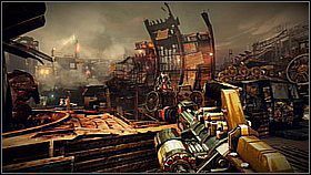 W drodze na dół zabierz kołkownicę - ta broń zabija zarówno latające roboty jak i żołnierzy jednym celnym strzałem - Skrót przez złomowisko (1) | Opis przejścia Killzone 3 - Killzone 3 - poradnik do gry