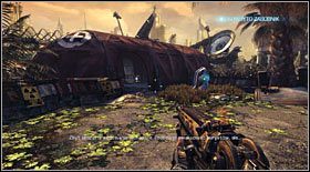 Inforobot #12: ukryty został w namiocie, obok drugiego zasobnika (zaraz za przejściem odblokowywanym strąconą kulą) - Inforoboty (1) | Sekrety Bulletstorm - Bulletstorm - poradnik do gry