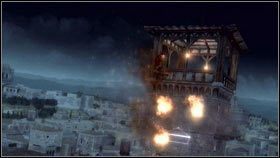 Po dokonaniu egzekucji wdrap się na szczyt wieży [1] i wciskając SHIFT, podpal konstrukcję [2] - Poradnik do gry Assassins Creed Brotherhood - Odbudowa Rzymu - Assassins Creed: Brotherhood - poradnik do gry