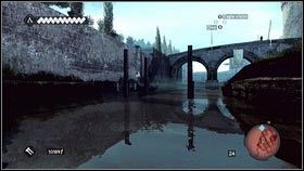 Po otrzymani zadania, wskocz do wody i płyń do zaznaczonego na mapie punktu [1] - Maszyny Leonarda (3) | Zadania poboczne Assassins Creed Brotherhood - Assassins Creed: Brotherhood - poradnik do gry