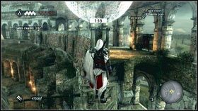 Gdy dotrzesz do ostatniego, skręć w prawo [1], wdrap się na górę i biegnij po okręgu w lewo [2] - Zadania złodziejów (1) | Zadania poboczne Assassins Creed Brotherhood - Assassins Creed: Brotherhood - poradnik do gry