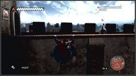 Gdy padnie martwy na ziemię, wdrap się po drabinie z prawej [1], a następnie wejdź na szczyt murów [2] - Sekwencja 8 - Borgia (1) | Opis przejścia Assassins Creed Brotherhood - Assassins Creed: Brotherhood - poradnik do gry