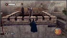 Gdy filmik dobiegnie końca, wdrap się na dach [1] i udaj do zaznaczonej na mapie strefy - Sekwencja 6 - Baron De Valois (2) | Opis przejścia w AC Brotherhood - Assassins Creed: Brotherhood - poradnik do gry
