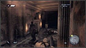 Wejdź na głowę kamiennej postaci [1] i kolejny skok wykonaj w kierunku filara po drugiej stronie komnaty [2] - Sekwencja 2 - Legowisko bestii (5) | Opis przejścia AC Brotherhood - Assassins Creed: Brotherhood - poradnik do gry
