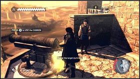 Obejrzawszy krótką cut-scenkę [1], podejdź do działa i użyj go wciskając SHIFT [2] - Sekwencja 1 - Pokój (1) | Opis przejścia Assassins Creed Brotherhood - Assassins Creed: Brotherhood - poradnik do gry