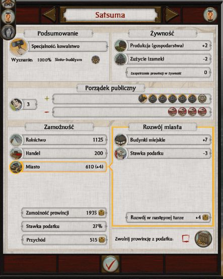 Po dwukrotnym kliknięciu LPM na stolicę naszej prowincji otworzy się nam karta z dokładnymi informacjami o niej - Rozbudowa prowincji w Total War SHOGUN 2 | Zarządzanie rodem - Total War: SHOGUN 2 - poradnik do gry