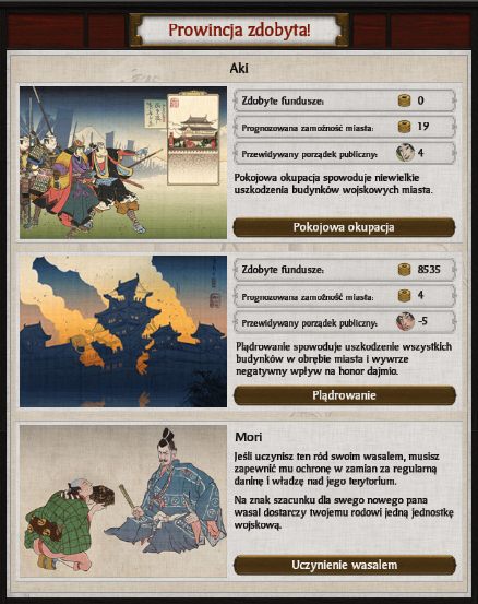 Po zdobyciu prowincji możemy zdecydować jakie działania chcemy wobec niej podjąć. - Podbój prowincji w Total War SHOGUN 2 | Polityka i wojsko - Total War: SHOGUN 2 - poradnik do gry