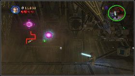 Następnie użyj mocy, aby podnieść torpedę [1] i użyć jej na fioletowej tarczy [2] - Generał Grievous (4) | Tryb fabularny | LEGO Star Wars III The Clone Wars - LEGO Star Wars III: The Clone Wars - poradnik do gry