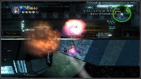 Na koniec przełącz się na statek bojowy, poleć w prawo zabierając po drodze torpedy [1], a potem zacznij lecieć w lewo, eliminując po drodze wszystkie wskazane cele [2] - Generał Grievous (7) | Tryb fabularny | LEGO Star Wars III The Clone Wars - LEGO Star Wars III: The Clone Wars - poradnik do gry