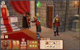 Po powrocie Monarchy idziemy do Sali Tronowej i gramy piosenki (jeśli nie mamy Gęśli - kupujemy je w Kramie Wiejskim) - Święta Kontrola; Trefniś | Misje w The Sims Średniowiecze - The Sims: Średniowiecze - poradnik do gry