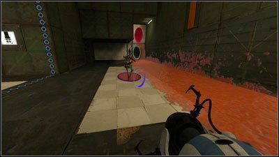 Po wciśnięciu guzika pomarańczowa substancja rozleje się na ziemi - Rozdział 5 - Żele mobilności (4) | Tryb współpracy Portal 2 - Portal 2 - poradnik do gry