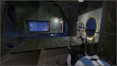 W kolejnej komnacie jeden z robotów musi tak postawić portale, aby można było przejść za barierę z prawej strony - Rozdział 5 - Żele mobilności (4) | Tryb współpracy Portal 2 - Portal 2 - poradnik do gry