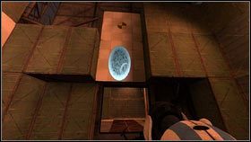 Jak tak się stanie, niech drugi robot postawi granatową dziurę na platformie z lewej [1] oraz błękitną na ścianie nad wejściem [2] - Rozdział 5 - Żele mobilności (3) | Tryb współpracy Portal 2 - Portal 2 - poradnik do gry