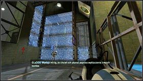 Po wejściu do pomieszczenia testowego niech chudszy robot umieści czerwony portal na posadzce po prawej [1], a pomarańczowy na pochylonym panelu u góry [2] - Rozdział 5 - Żele mobilności (1) | Tryb współpracy Portal 2 - Portal 2 - poradnik do gry