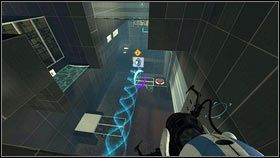 Żeby jego towarzysz do niego dołączył, musi stworzyć błękitny portal na końcu strumienia [1], a drugi obok czerwonego podestu [2] - Rozdział 4 - Świetlna bariera (2) | Tryb współpracy Portal 2 - Portal 2 - poradnik do gry