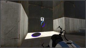 Po rozpoczęciu etapu niech gruby robot stworzy błękitny portal nad katapultą [1] i granatowy na posadzce obok strzałki [2] - Rozdział 3 - Świetlna bariera (2) | Tryb współpracy Portal 2 - Portal 2 - poradnik do gry