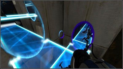 Na tym etapie niech niebieski robot postawi granatowy portal na końcu mostu [1], a błękitny na ścianie po lewej [2] - Rozdział 3 - Świetlna bariera (1) | Tryb współpracy Portal 2 - Portal 2 - poradnik do gry