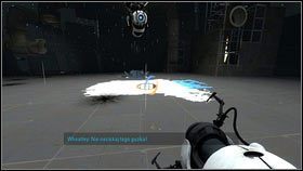 Po jej zakończeniu stwórz niebieską dziurę nad czerwonym przyciskiem za kratami [1], a pomarańczową pod przeciwnikiem [2] - Rozdział 9 - Teraz musi Cię zabić (3) | Opis przejścia Portal 2 - Portal 2 - poradnik do gry