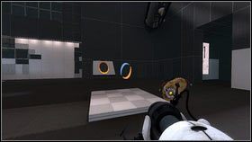 Wykorzystaj to stawiając jedną dziurę na platformie po lewej (od promienia) [1], a drugą na niebieskim punkcie [2] - Rozdział 8 - Swędzenie (4) | Opis przejścia Portal 2 - Portal 2 - poradnik do gry