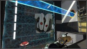 Wciśnij później czerwony guzik [1] i złap w powietrzu skrzynkę, która się odbije od blokady [2] - Rozdział 8 - Swędzenie (3) | Opis przejścia Portal 2 - Portal 2 - poradnik do gry