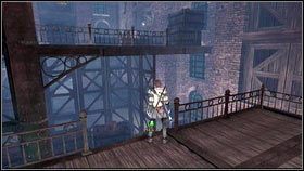 Po walce wbiegamy do magazynu [1], wspinamy się na pobliskie schody i zeskakujemy po drugiej stronie [2] - Ruch oporu z Bowerstone | Opis przejścia Fable 3 - Fable III - poradnik do gry