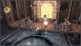 Gdy zabijesz wszystkie pojawiające się szkielety, obok pobliskiego przejścia pojawi się platforma z niebieską strzałką [1] - Złote Drzwi | Złote drzwi i klucze Fable 3 - Fable III - poradnik do gry