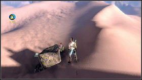 Po drugiej stronie wspomnianego łuku, biegnij cały czas prosto, wypatrując wystającej z wydmy skały [1] - Ruchome Piaski | Kwiaty z Aurory w Fable 3 - Fable III - poradnik do gry