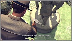 Wejdź do wody i wciśnij przycisk A, dzięki czemu główny bohater powinien wspiąć się na górną część fontanny #1 - Case 13 - The Quarter Moon Murders (1) | Główne śledztwa w LA Noire - L.A. Noire - poradnik do gry